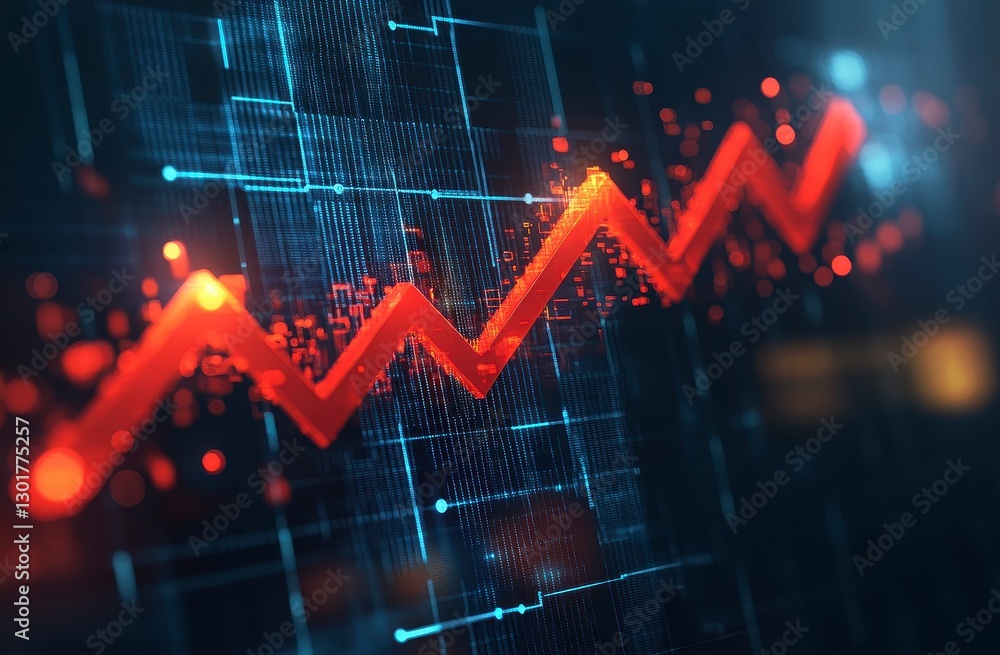 Abstract Red Arrow Fluctuation on Dark Blue Digital Background Abstract Red Arrow Fluctuation on Dark Blue Digital Background