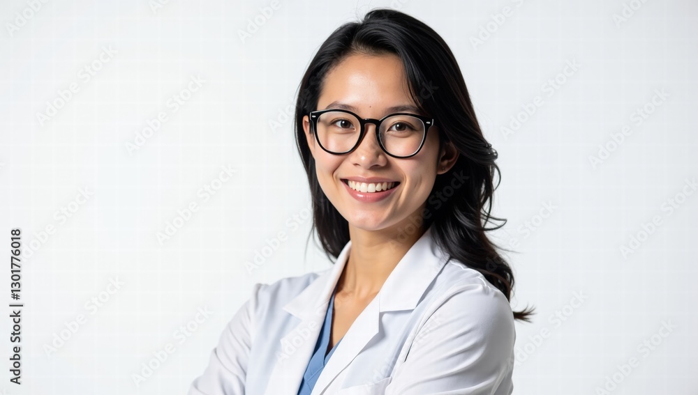Smiling Asian Woman in Medical Coat and Glasses, Portrait Style, against White Background Smiling Asian Woman in Medical Coat and Glasses, Portrait Style, against White Background