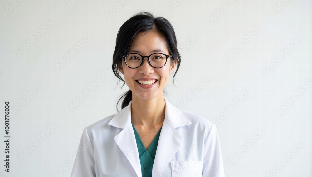 Smiling Asian Female Doctor in Medical Coat with Glasses in Photo Studio Smiling Asian Female Doctor in Medical Coat with Glasses in Photo Studio