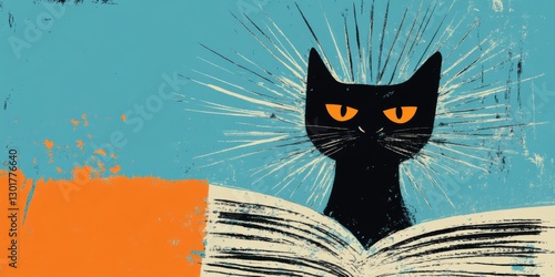 A Charming Black Cat with a Radiant Aura is Engrossed in Reading a Book Beneath a Gentle Light
