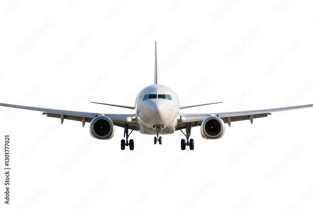 Airplane in flight approaching landing at an airport during daytime with clear skies Airplane in flight approaching landing at an airport during daytime with clear skies