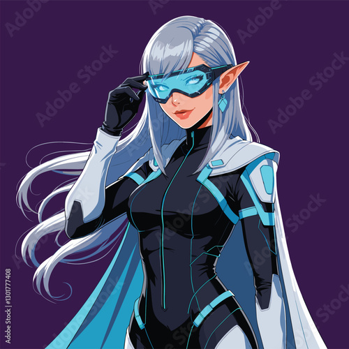 Anime sci-fi woman wearing goggles adjusting them against a purple gradient background