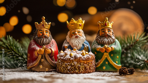 On the card, a traditional Three Kings Cake is displayed, with three figurines of the kings positioned in front, capturing the essence of the Epiphany festivities.