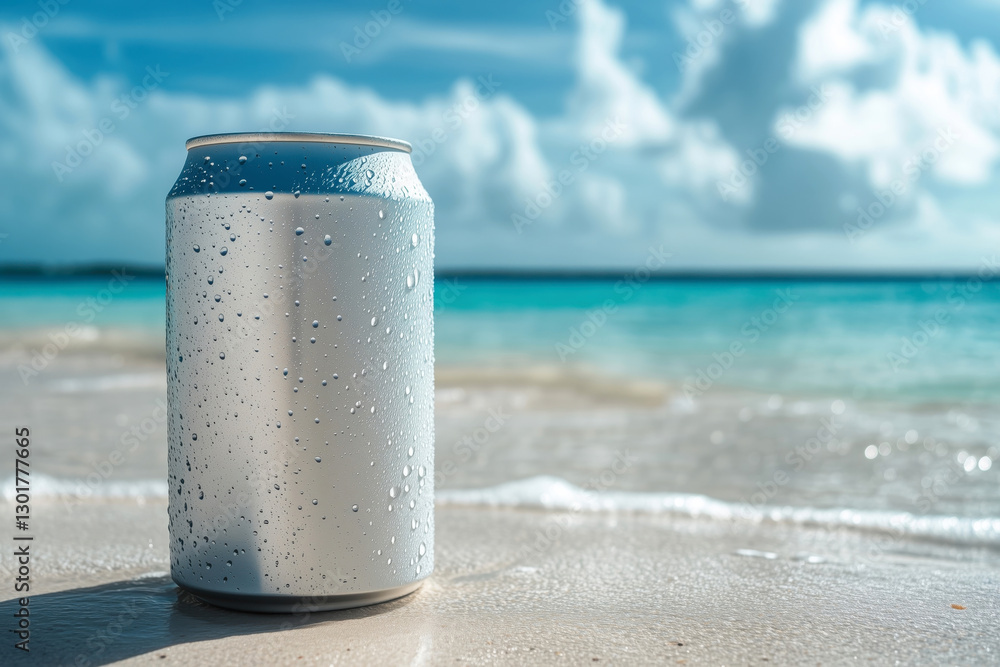 A white blank soda can with water droplets in the sand, with a beach and ocean in the background A white blank soda can with water droplets in the sand, with a beach and ocean in the background