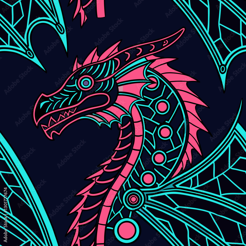Fototapeta premium Neon dragon seamless, pattern, with intricate designs, fantasy artwork