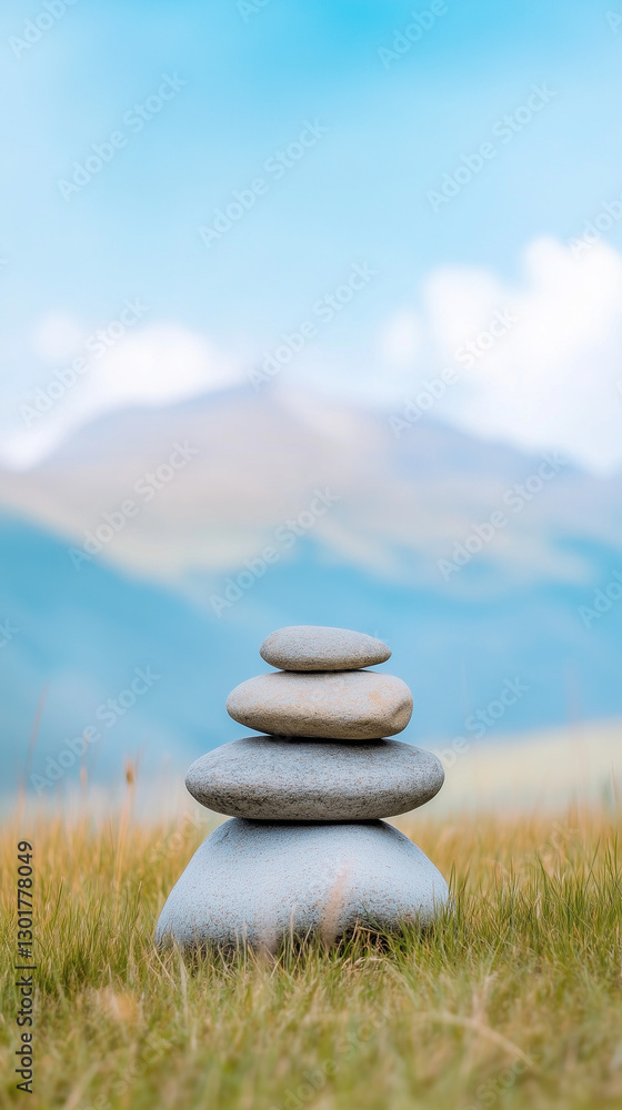 Rock balancing or stone stacking on a beautiful sunny day. Stacked stones with mountains background, representing serenity, harmony, meditation, mindfulness. Vertical design banner with copy space. Rock balancing or stone stacking on a beautiful sunny day. Stacked stones with mountains background, representing serenity, harmony, meditation, mindfulness. Vertical design banner with copy space.