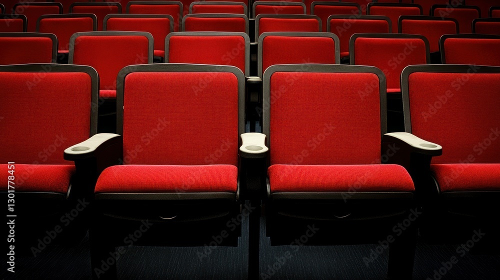 Fototapeta premium Empty red theater seats, auditorium, dark background, event preparation