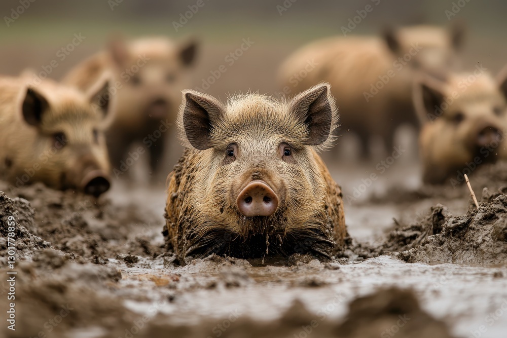 Young wild boar relaxing in mud with herd in background Young wild boar relaxing in mud with herd in background