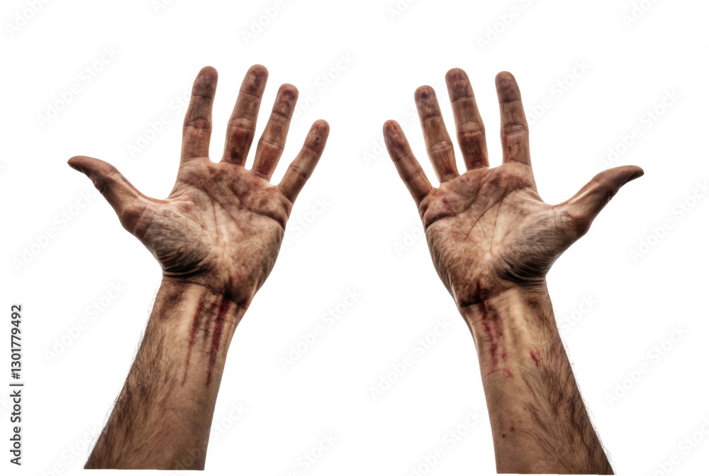Fototapeta premium Hands stained with dirt and showing signs of hard work after labor in agriculture or construction activities
