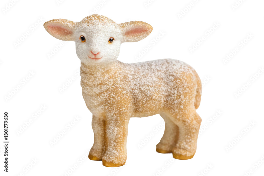 Fototapeta premium Adorable lamb figurine covered in soft snow for winter decor and holiday celebration