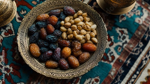 Dates and Nuts in an Ornate Brass Bowl