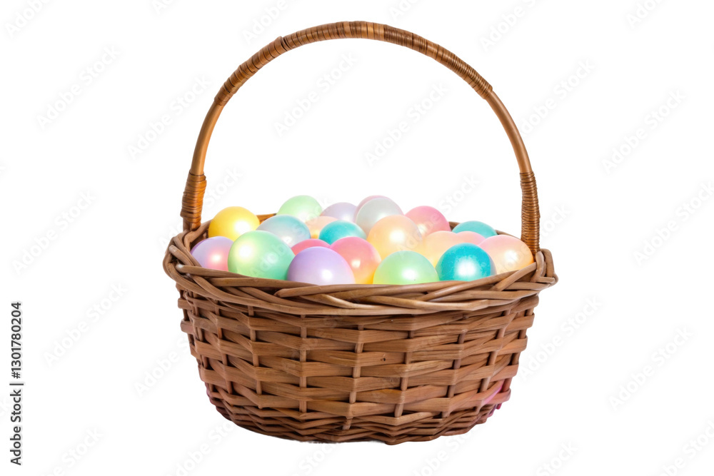 Colorful plastic eggs in a woven basket ready for an Easter egg hunt celebration in spring Colorful plastic eggs in a woven basket ready for an Easter egg hunt celebration in spring