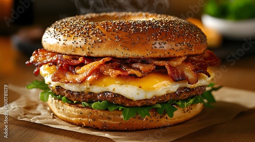 Delicious Breakfast Bagel Sandwich with Bacon and Egg Delight
