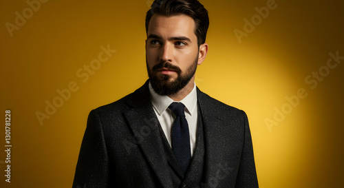 Man in Suit Posing Against Yellow Background with Focused Expression