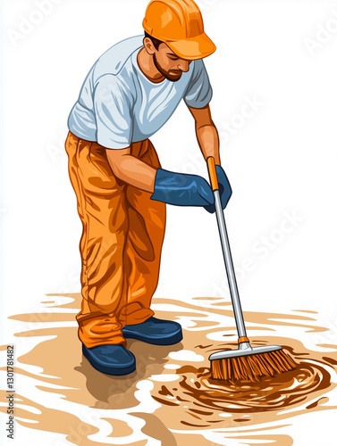 Worker Cleaning Muddy Surface with a Brush