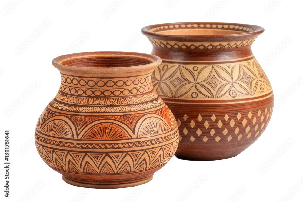Handcrafted clay pots showcasing traditional patterns and designs for home decor or cultural display Handcrafted clay pots showcasing traditional patterns and designs for home decor or cultural display