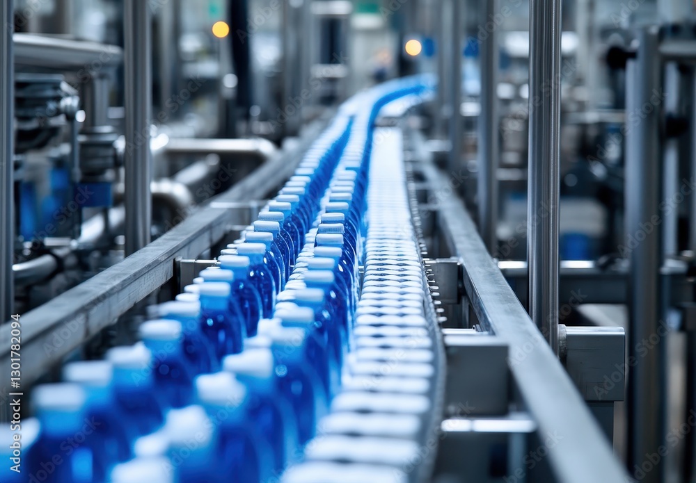 Fototapeta premium Blue bottles on production line in factory showcasing automated manufacturing process with modern technology and efficient supply chain management