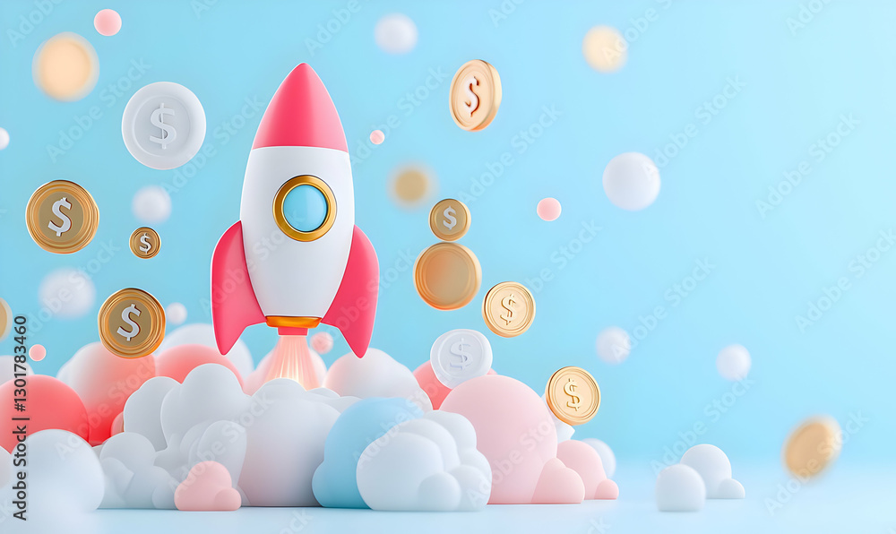 Colorful Rocket Launching with Coins and Clouds on Blue Background