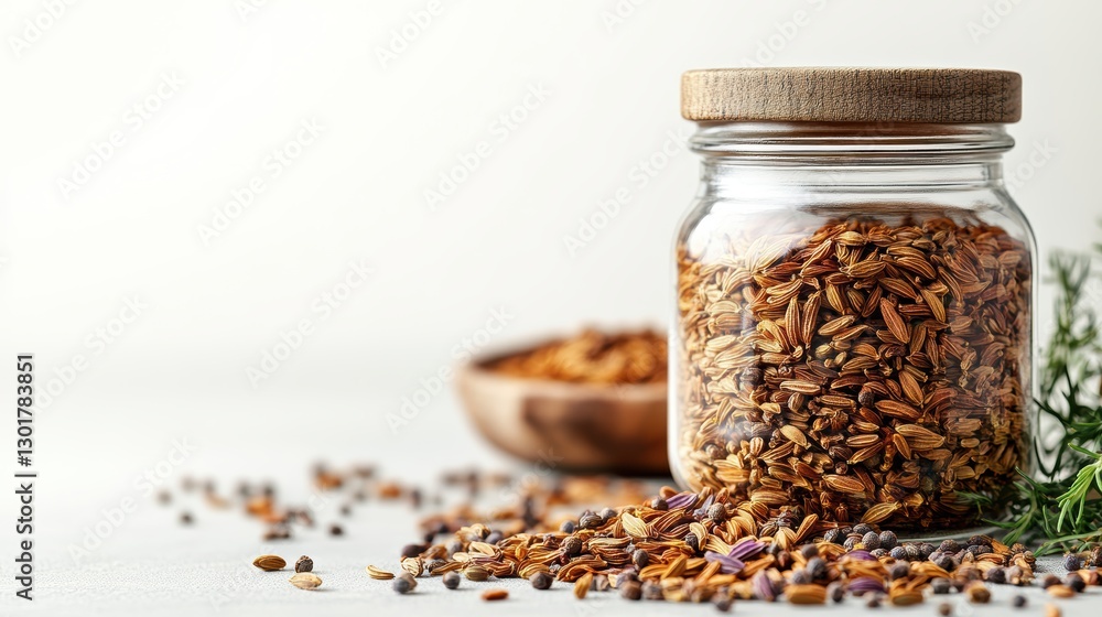 A glass jar with a cork lid filled with aromatic fennel seeds A glass jar with a cork lid filled with aromatic fennel seeds