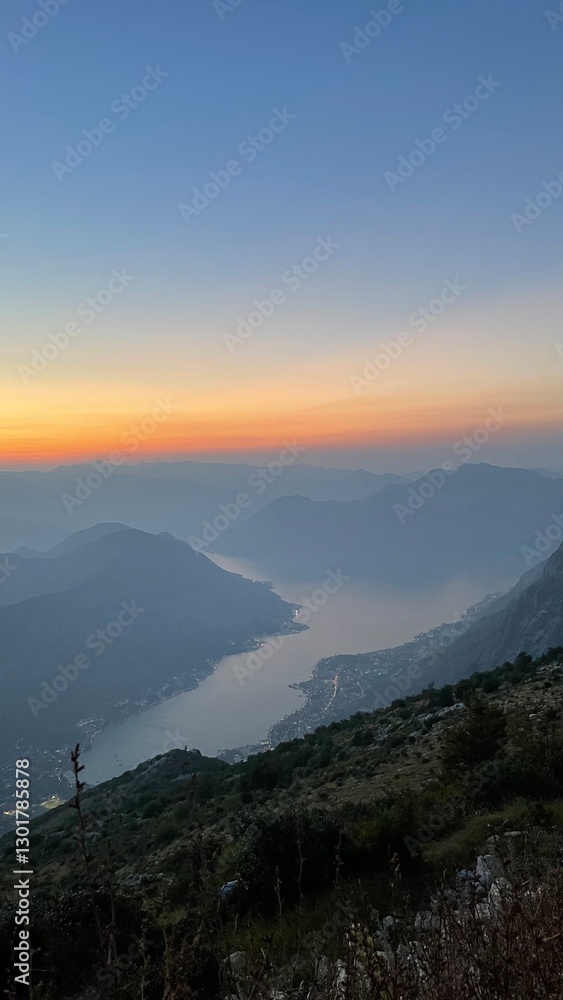 Obraz premium view from above of the Bay of Kotor at sunset