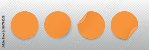 Orange Round Sticker Vector Set. Round Stickers with Shadows. Curled Corner Stickers, Straight Round Stickers, Slightly Curled Stickers. Design Template for Labels, Tags, Promotions, Marketing