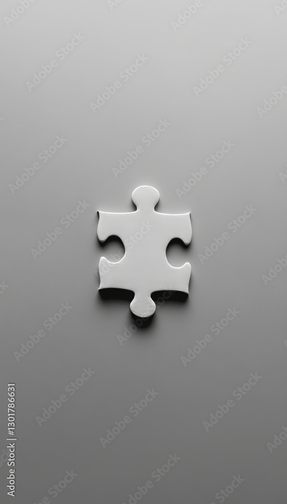 Single white puzzle piece on grey background symbolizing completion web banner with copy space Single white puzzle piece on grey background symbolizing completion web banner with copy space