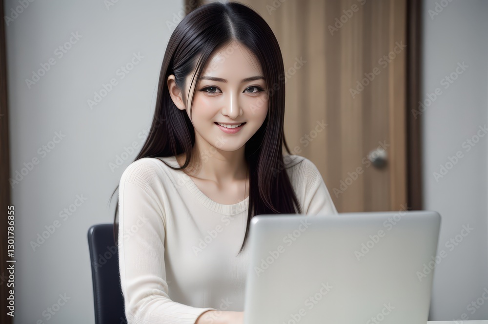 Smiling Asian Woman Working on Laptop at Desk, Focused on Screen, Business Setting, Professional, Remote Work, Modern Office, Optimistic, Natural Lighting Smiling Asian Woman Working on Laptop at Desk, Focused on Screen, Business Setting, Professional, Remote Work, Modern Office, Optimistic, Natural Lighting