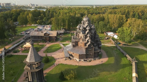 wooden church bogoslovka in  petersburg, russia  - drone view