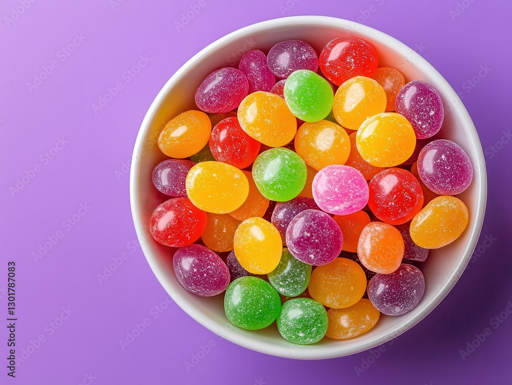 Colorful Jelly Beans in a White Bowl on Purple Background, Assorted Candy, Sweet Treats for Celebrations, Festive Dessert Display, Vibrant Confectionery Colorful Jelly Beans in a White Bowl on Purple Background, Assorted Candy, Sweet Treats for Celebrations, Festive Dessert Display, Vibrant Confectionery