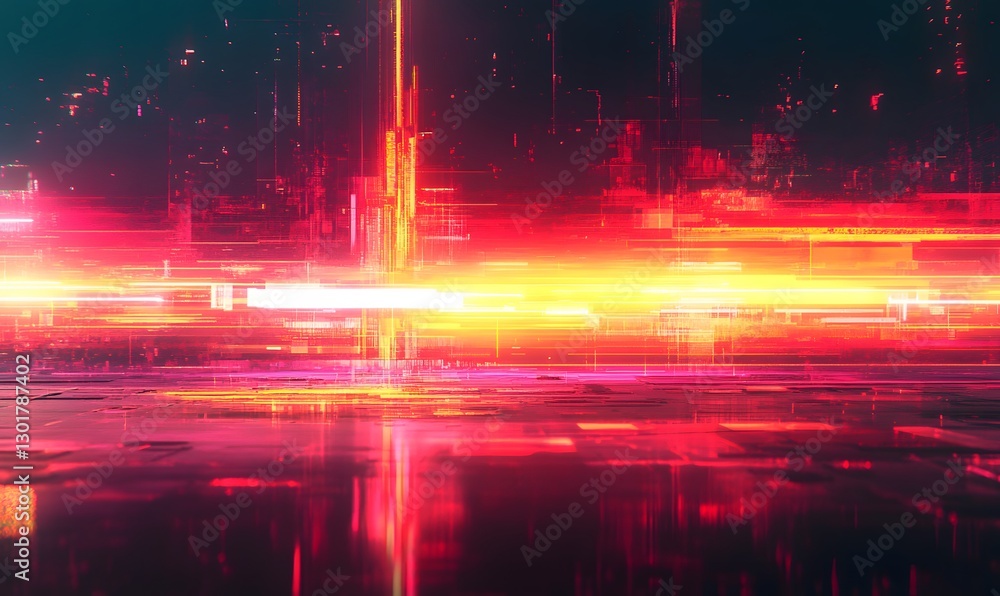 Fototapeta premium Abstract futuristic cityscape with glowing neon lights and reflections