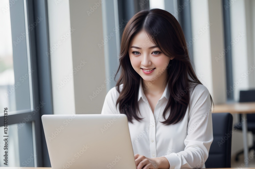 Smiling Asian Businesswoman Working on Laptop in Bright Office: Modern Workplace, Technology, and Asian Ethnicity Smiling Asian Businesswoman Working on Laptop in Bright Office: Modern Workplace, Technology, and Asian Ethnicity