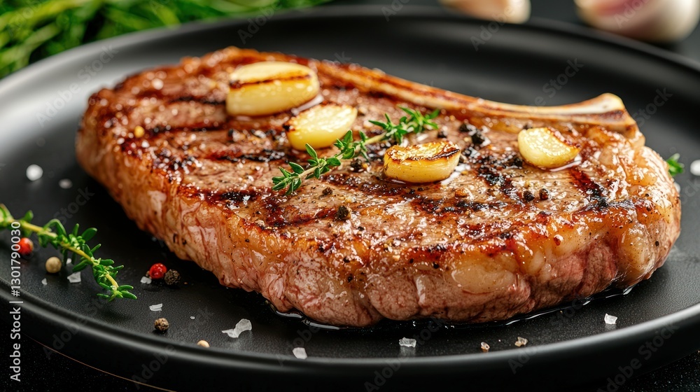 Grilled steak served with garlic & thyme on dark plate. Herbs backdrop Grilled steak served with garlic & thyme on dark plate. Herbs backdrop