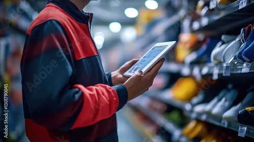 Logistics coordinator analyzing inventory in retail store close-up view of digital tablet in action