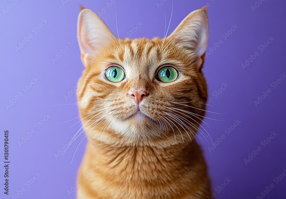 Cute orange tabby cat with bright green eyes against a vibrant purple backdrop, showcasing the feline's playful personality and charming features Cute orange tabby cat with bright green eyes against a vibrant purple backdrop, showcasing the feline's playful personality and charming features