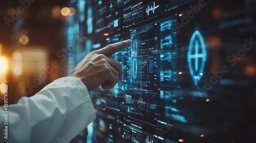 Hand touching holographic screen with futuristic medical data in an advanced technological environment. Generated with AI.