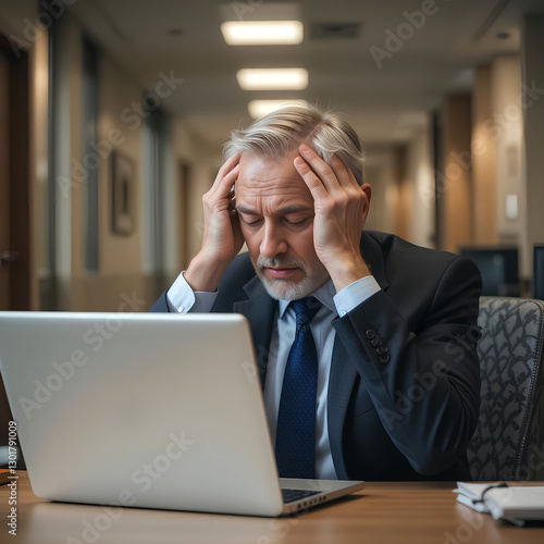 Senior businessman sitting at his desk in an office hall, feeling exhausted and holding his head due to a headache while working on his laptop.