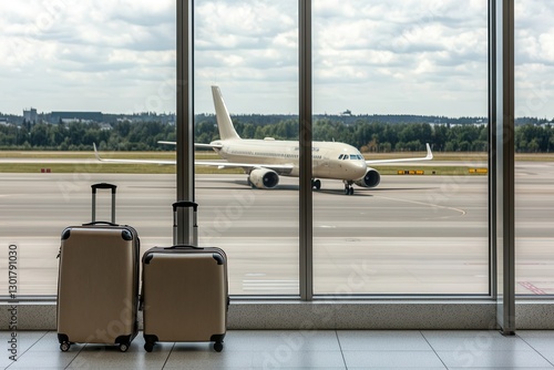 Stylish Suitcases Overlooking Airplane Through Window at Terminal photo