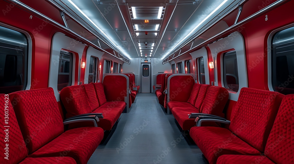 Fototapeta premium Modern Train Car Interior: Red Seating and Sleek Design AI Generated