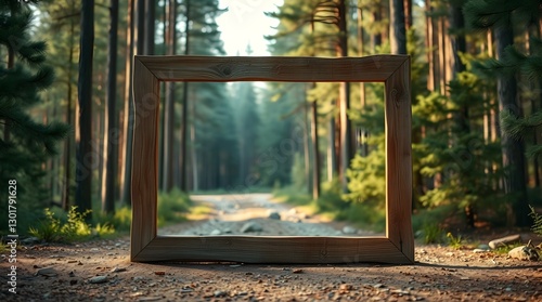 stock photo of an empty, rustic wooden picture frame on a dirt path in a lush forest. photo