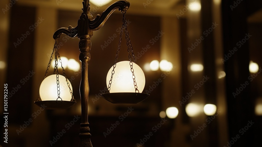 Illuminated scales of justice in courtroom Illuminated scales of justice in courtroom