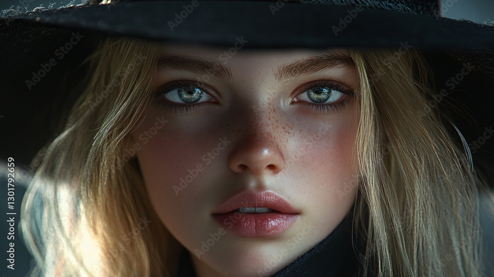Detailed Hyper-Realist Portrait of Blond Girl in Black Hat for Professional Use Detailed Hyper-Realist Portrait of Blond Girl in Black Hat for Professional Use