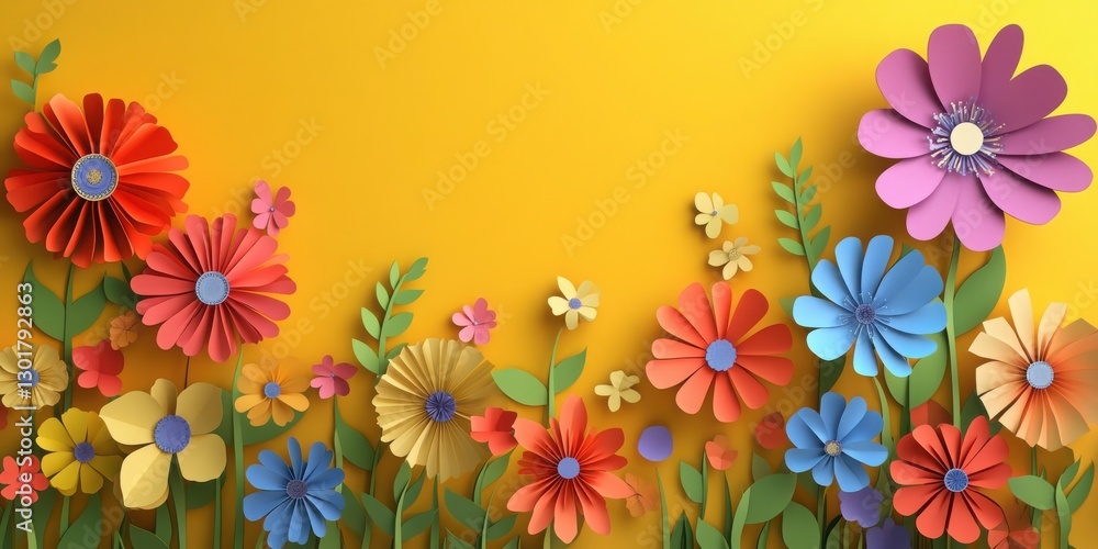 Fototapeta premium Vibrant and colorful paper-cut flowers framed on a yellow background