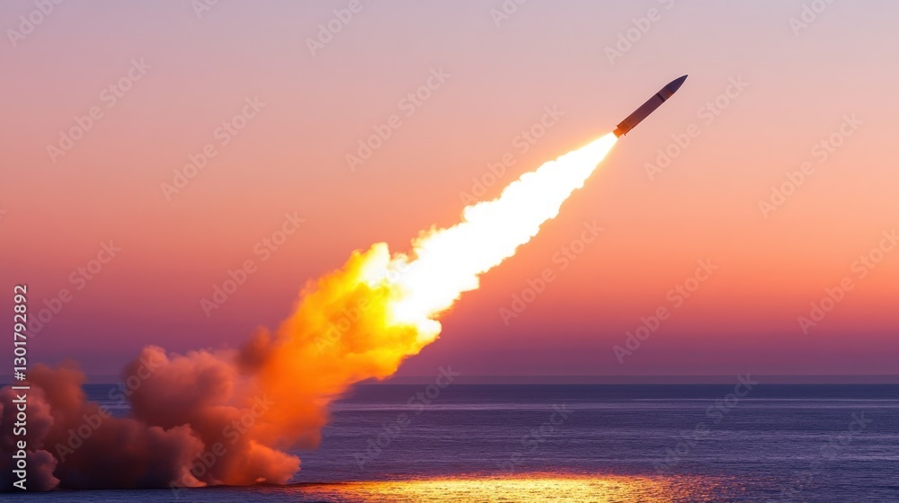 Fototapeta premium Missile launch at sunset over ocean; military test