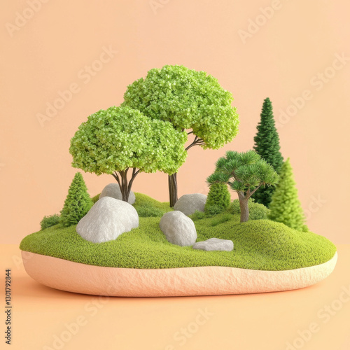 Lush green landscape with miniature trees and rocks on soft base, creating serene and peaceful scene. Ideal for nature themed projects