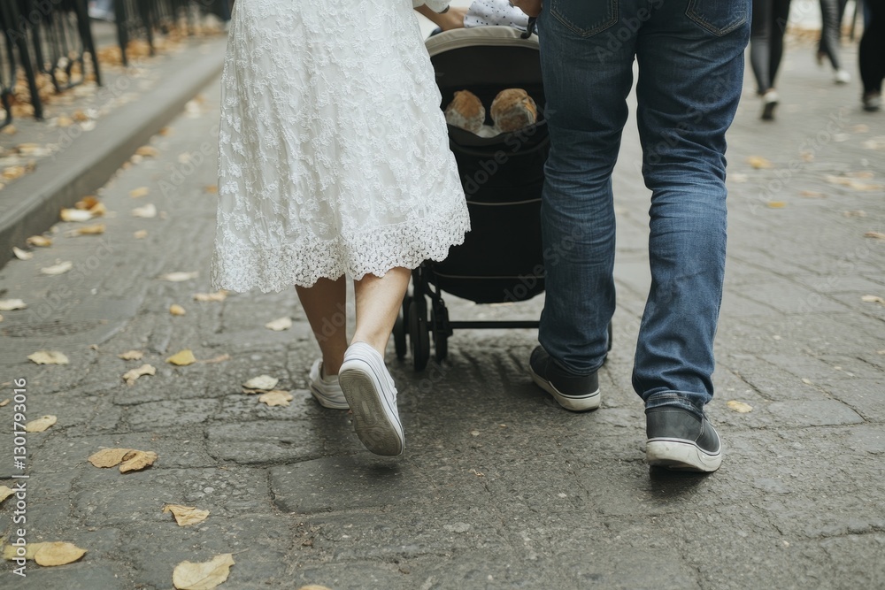 Young parents strolling in the park with baby carriage, embracing family life together Young parents strolling in the park with baby carriage, embracing family life together