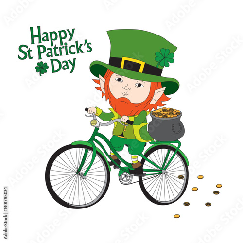 Cute cartoon illustration of a leprechaun riding a bicycle