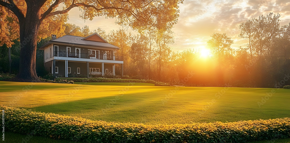 Obraz premium A large house with a large yard and a tree in the background