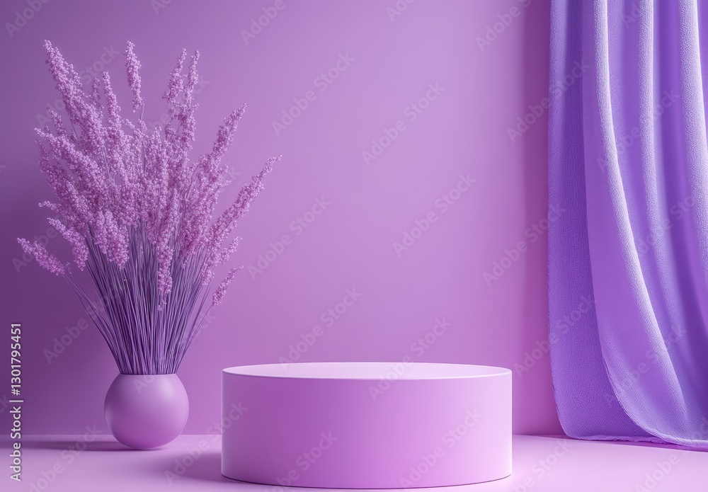 Elegant pink and purple interior scene featuring a round pedestal, soft drapery, and floral arrangement, perfect for modern decor and design inspiration Elegant pink and purple interior scene featuring a round pedestal, soft drapery, and floral arrangement, perfect for modern decor and design inspiration