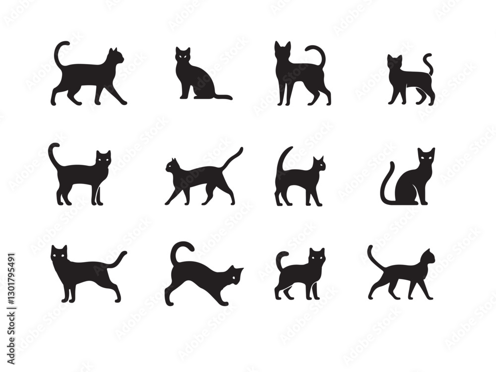 set of cats silhouettes.Set of Black Cat Silhouettes in Various Poses.A collection of nine black cat silhouettes in diverse stances. set of cats silhouettes.Set of Black Cat Silhouettes in Various Poses.A collection of nine black cat silhouettes in diverse stances.