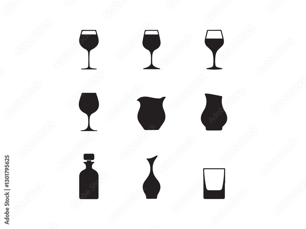 wine glass and bottle,Collection of Black and White Drinkware and Vessel Silhouettes.This image features a set of silhouettes of various drinking glasses, a pitcher, and a bottle, all in a simple blac wine glass and bottle,Collection of Black and White Drinkware and Vessel Silhouettes.This image features a set of silhouettes of various drinking glasses, a pitcher, and a bottle, all in a simple blac